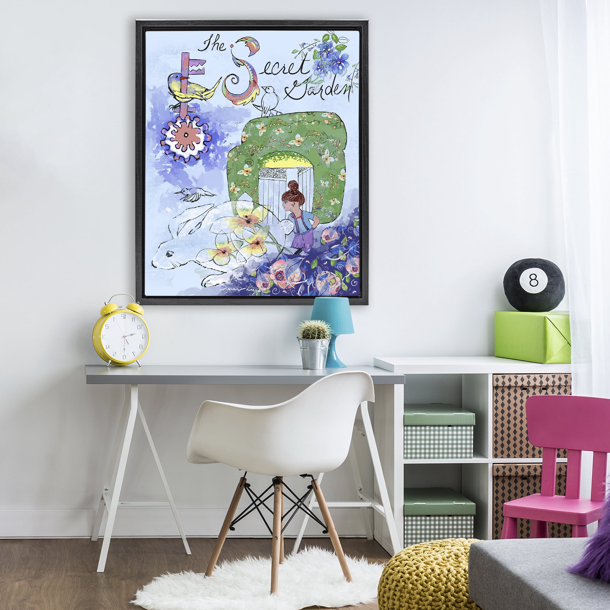 Stupell Industries Secret Garden Folk Illustration Black Framed Floater Canvas Wall Art, design by Susan Lugar