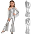 thumbnail image 5 of TiaoBug Girls Metallic One Shoulder Flared Jumpsuit 70s Disco Dance Outfit Kids Pageant Party Formal Romper Silver 12, 5 of 7