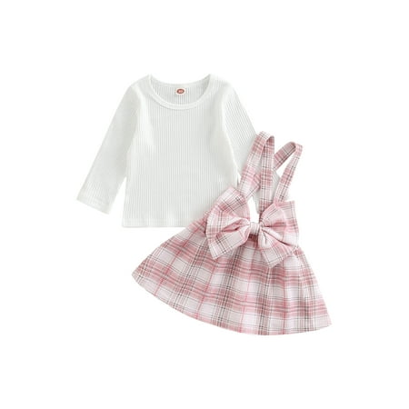 

Infant Baby Girls Fall Spring Outfit Ribbed Knit Long Sleeve Pullover + Plaid Suspender Skirt With Bowknot