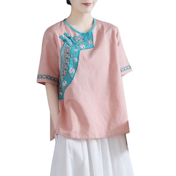 Tops de Algodón de Lino para las Mujeres Bordado Retro Suelto de Manga Corta de Gran Tamaño, Cuello Redondo