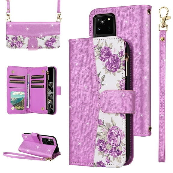 Furiet for Samsung Galaxy S20 Ultra 5G Floral Wallet Case with Flip Zipper Purse Wrist Strap Shoulder Strap, PU Leather Card Holder Stand Phone Cover for S20ultra 20S S 20 A20 S2O 20ultra G5 Purple