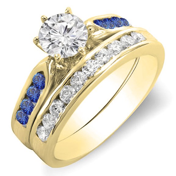 Dazzlingrock Collection 14K Round Blue Sapphire & White Diamond Ladies Bridal Engagement Ring Set, Yellow Gold, Size 9