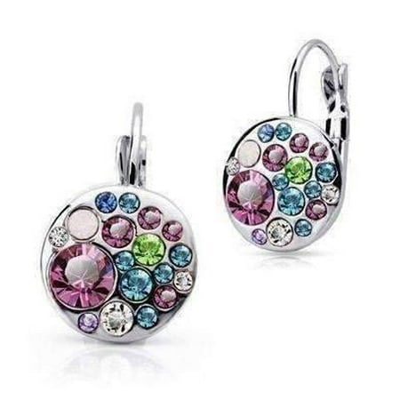 Austrian Crystal Stones - ON SALE - Party Confetti Austrian Crystal White Gold Plated Leverback Earrings Dark Pink Stone