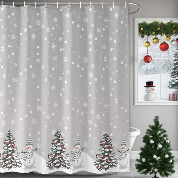 Christmas Shower Curtain Gray Shower Curtains for Bathroom Winter Holiday Xmas Decor, Waterproof Polyester Shower Curtain Set with Hooks, 72" x 72" Snowman Christmas Tree Snow
