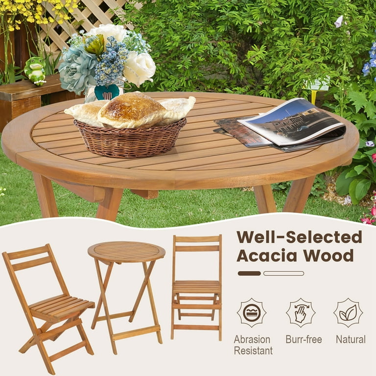 Costway 3 Pcs Folding Patio Bistro Set Solid Acacia Wood Table Chairs Slatted Tabletop