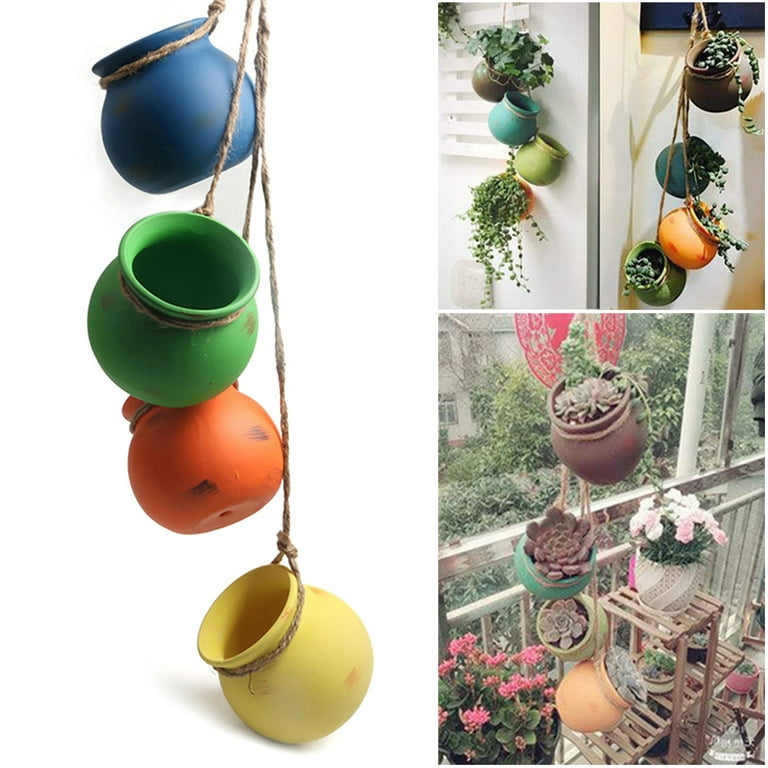 Dangling Southwest Desert Color Ceramic 4 Pot Set, Wall or Ceiling Mou