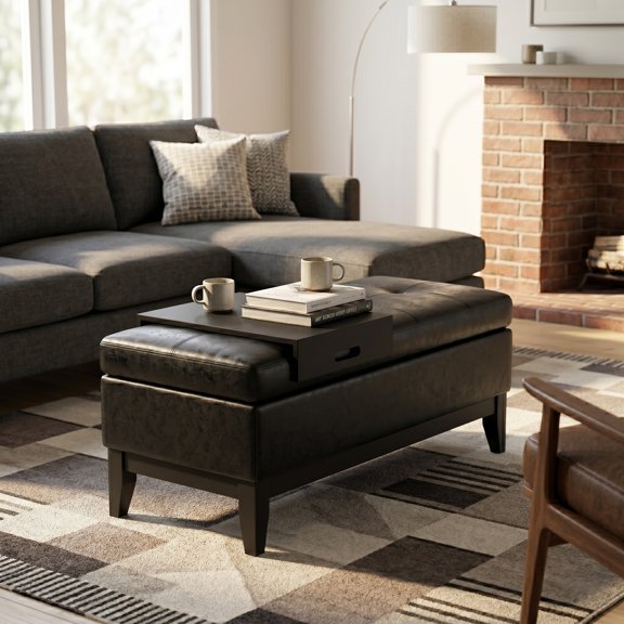 Oregon 42" Wide Storage Ottoman Bench with Tray in Distressed Black Faux Leather