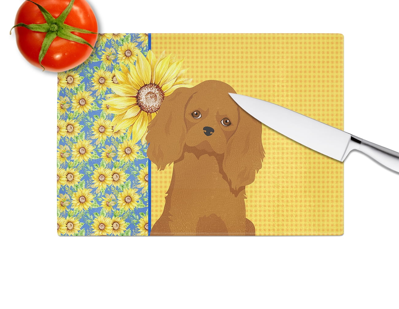 Summer Sunflowers Ruby Cavalier Spaniel Glass Cutting Board Large 12 in x 15 in