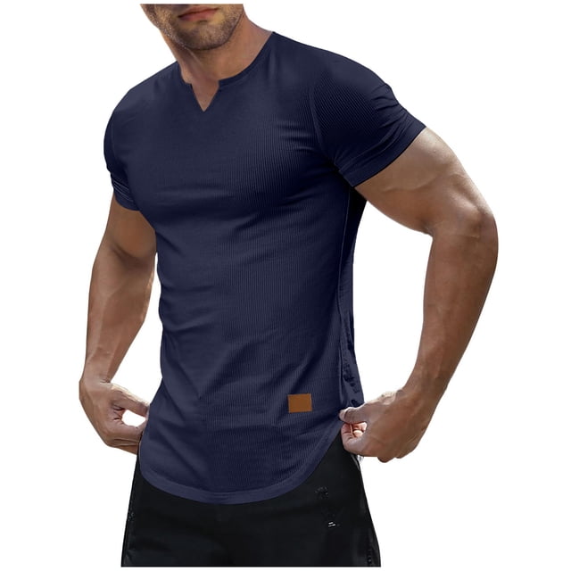 Blusas y camisas de manga corta con cuello en V para hombre, estilo casual, de color liso, con textura vertical, de manga corta y cuello en V.