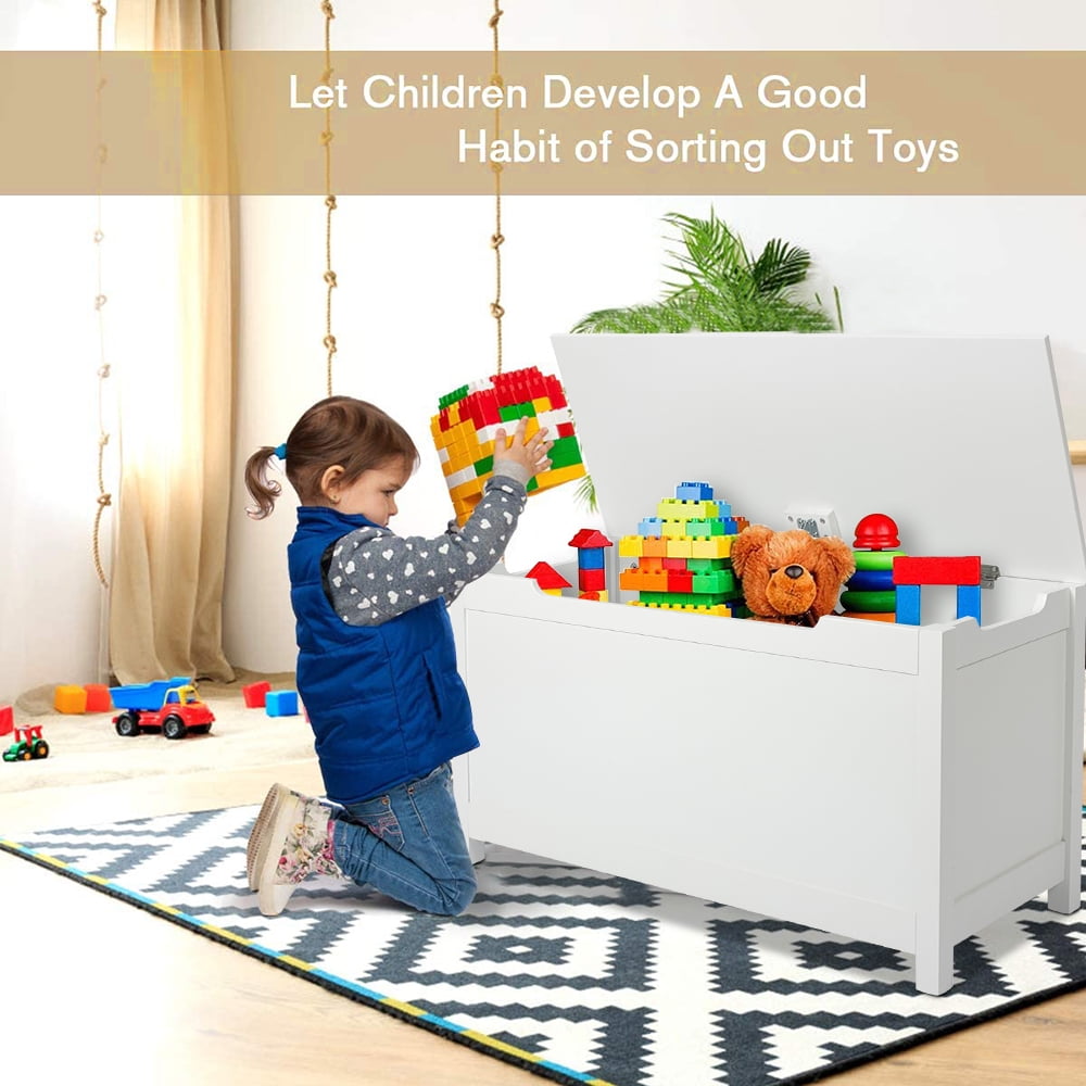 TKM Home Kids Toy Box Wooden Storage Chest Bench W/ Bookshelf Wheels Safety  Hinge Lid