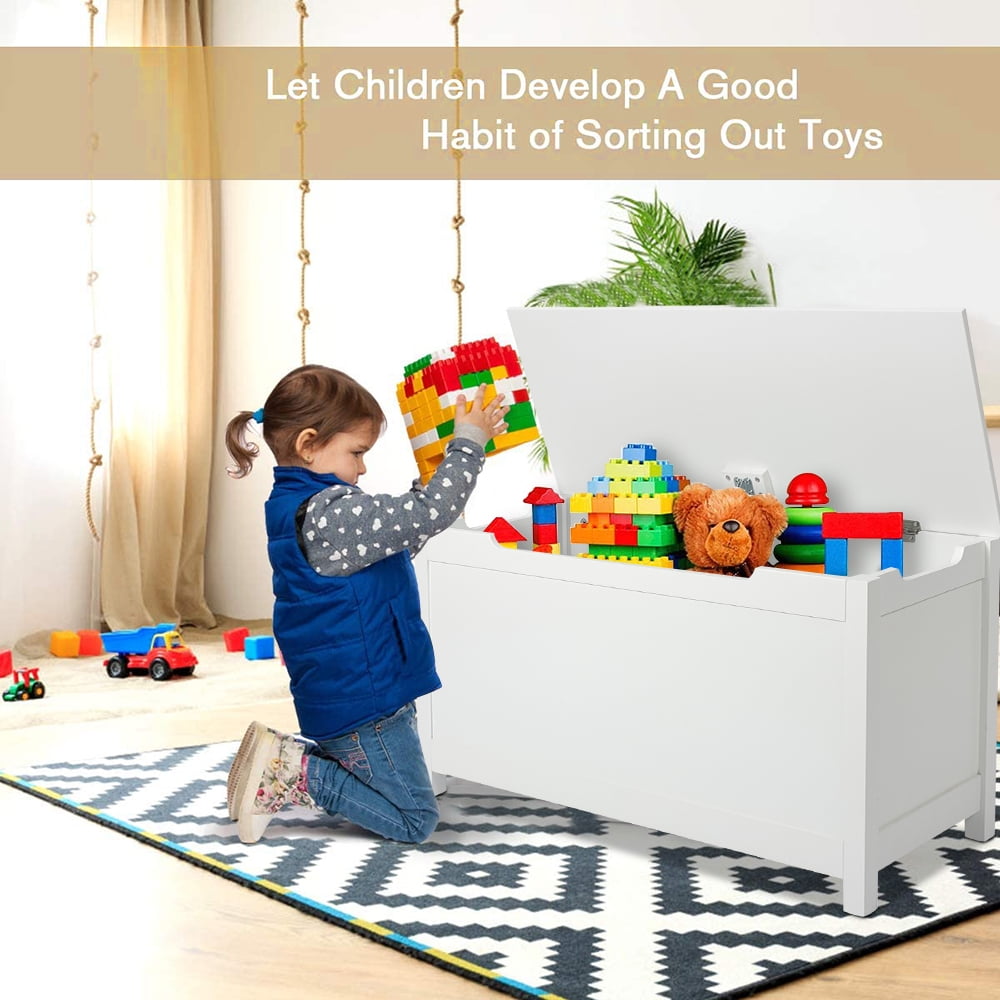 Toy Storage Organizer, Wood Kids Storage Bench, Girls Boys Kids Storage Bench for Entryway, Mudroom, Playroom, White, R538