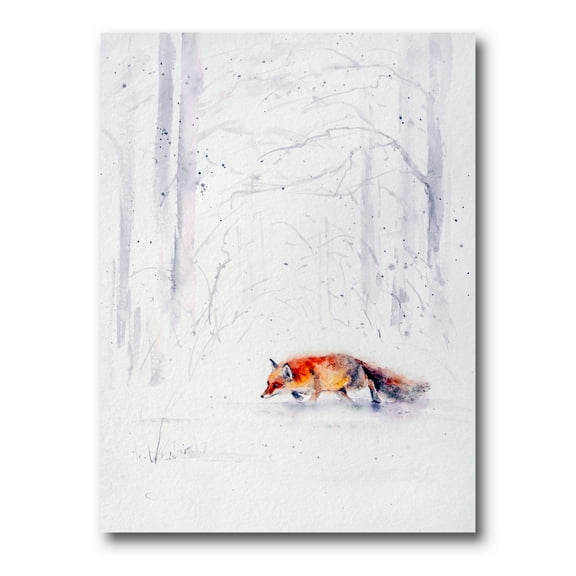 Red Fox Running In White Snow in Countryside II 8 in x 12 in Painting Canvas Art Print, by Designart