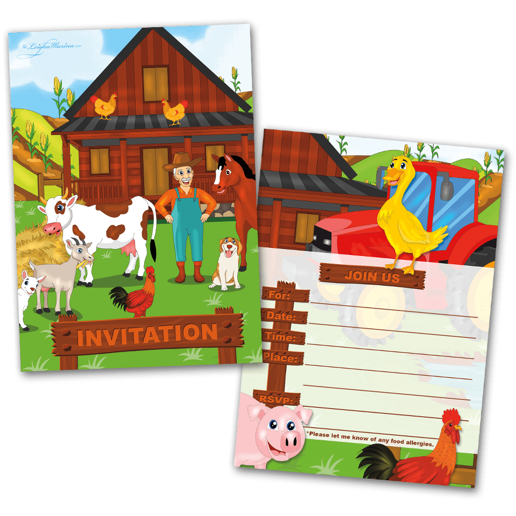 Farm Animals Party Invitation Cards for Kids, 20 Invites & 20 Envelopes