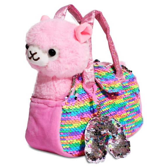 Little Jupiter Pet Plush Set with Bag - Pink Llama with Rainbow Bag