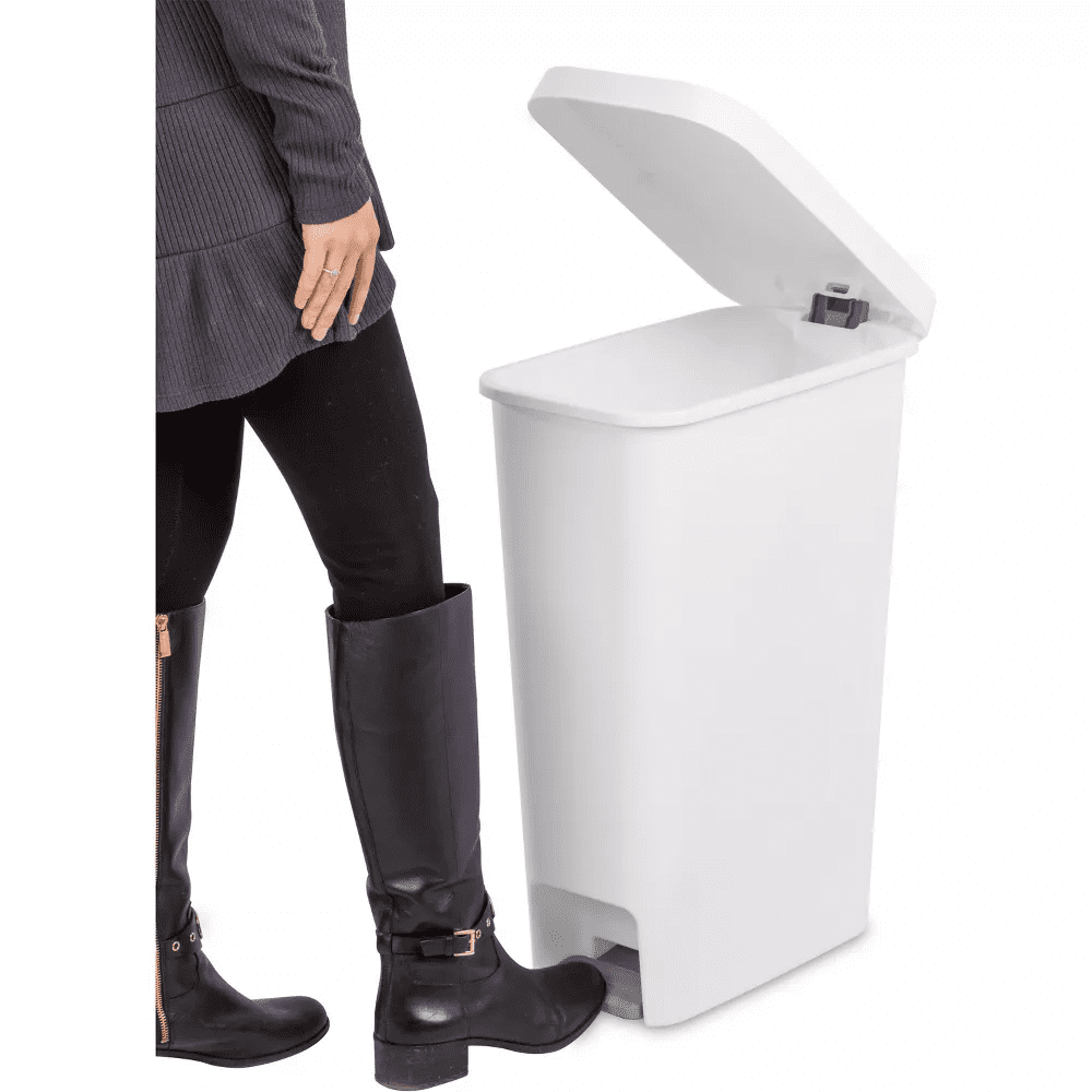 11 Gallon Slim Step Trash Can White, Pedal-Operated Hands-Free Kitchen Garbage Bin, Textured Plastic Wastebasket for Narrow Spaces, Stay-Open Lid, Easy Clean