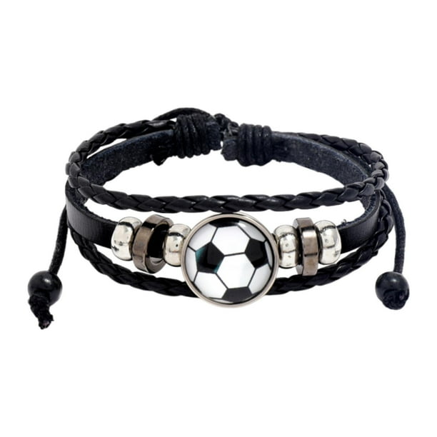 Pulsera de fútbol,Pulsera de fútbol para hombres y mujeres aficionados al equipo,Pulsera con dijes de fútbol de moda deportiva de moda,Pulsera de cuero PU,regalo Fútbol blanco y negro