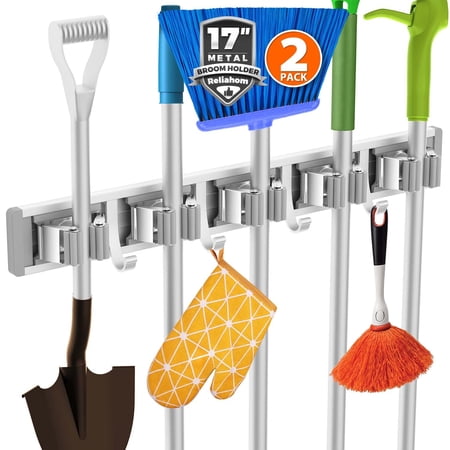 reliahom 2 Pack Broom Holder Wall Mount Mop and Broom Hanger Wall Mounted Garage Storage Rack Kitchen Garden Tool Organizer (5 Racks with 4 Hooks, Silver) C40