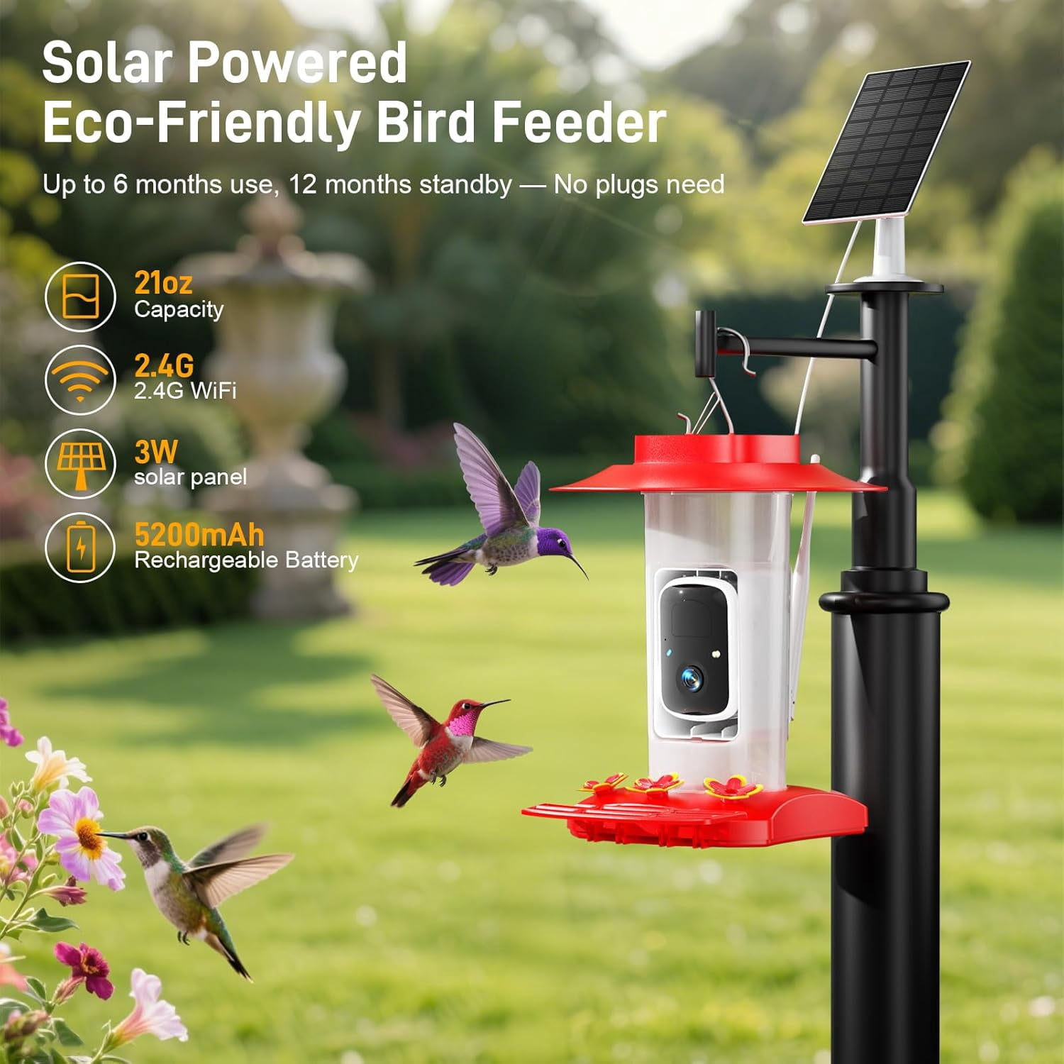 Hummingbird Feeder with Camera Outdoor, SV3C Hanging Bird Feeder with Ant Moat & Bee-Proof, HD 2K Solar Powered, AI Bird Identify, Instant App Alerts, Auto Capture, Hummingbird Lover Gifts, 21oz