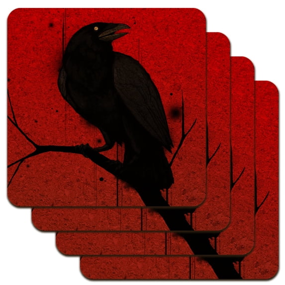 Crow on Branch Low Profile Novelty Cork Coaster Set