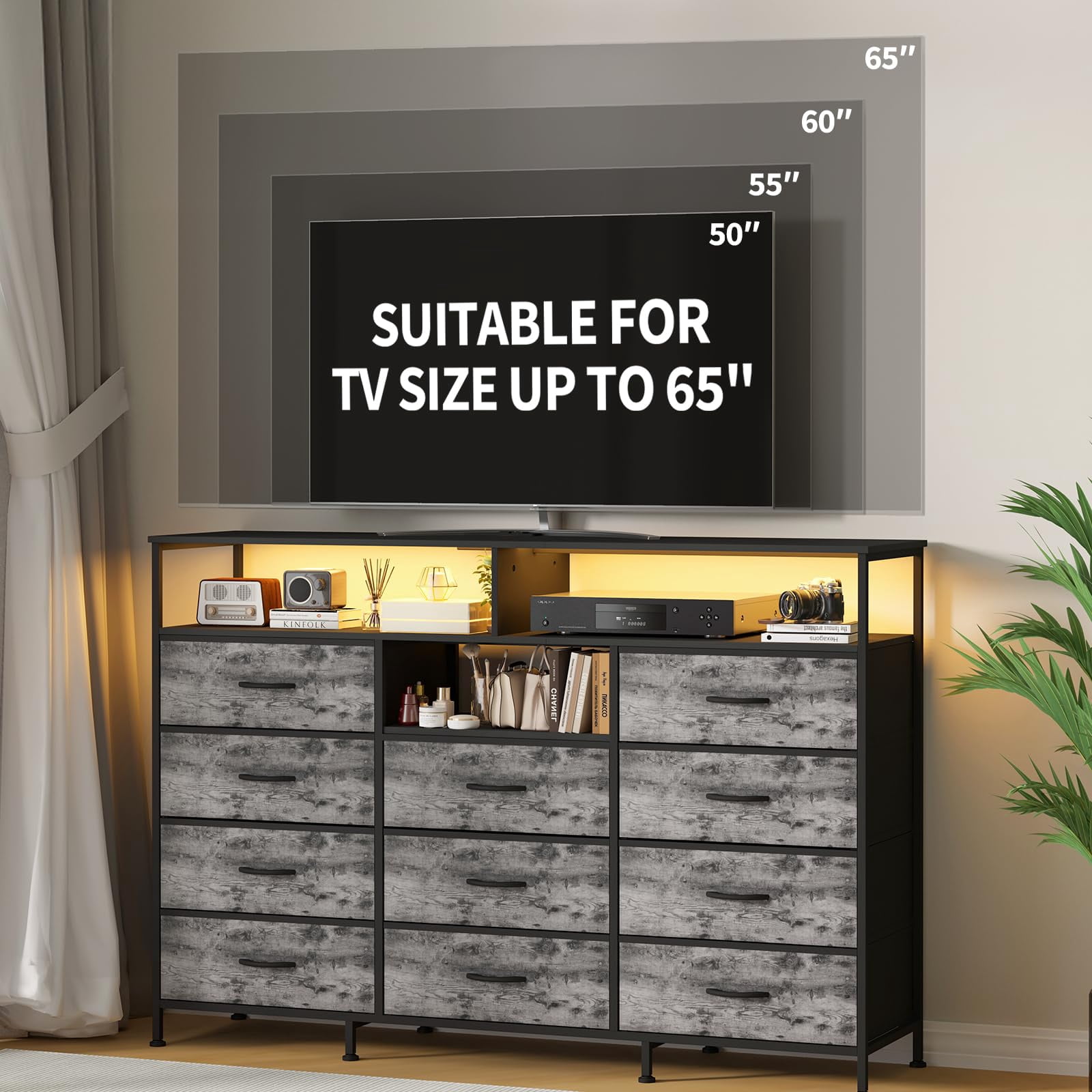 Kicctian 11 Drawers Dresser for Bedroom with LED Lights & Charging Station,Dresesr Chests of Drawers with Open Shelves,Gray
