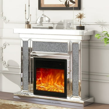 COSVALVE 1500W Mirrored Electric Fireplace TV Stand Mantel Heater Freestanding w/7 Colors 3D Realistic Flame Living Room(Silver)