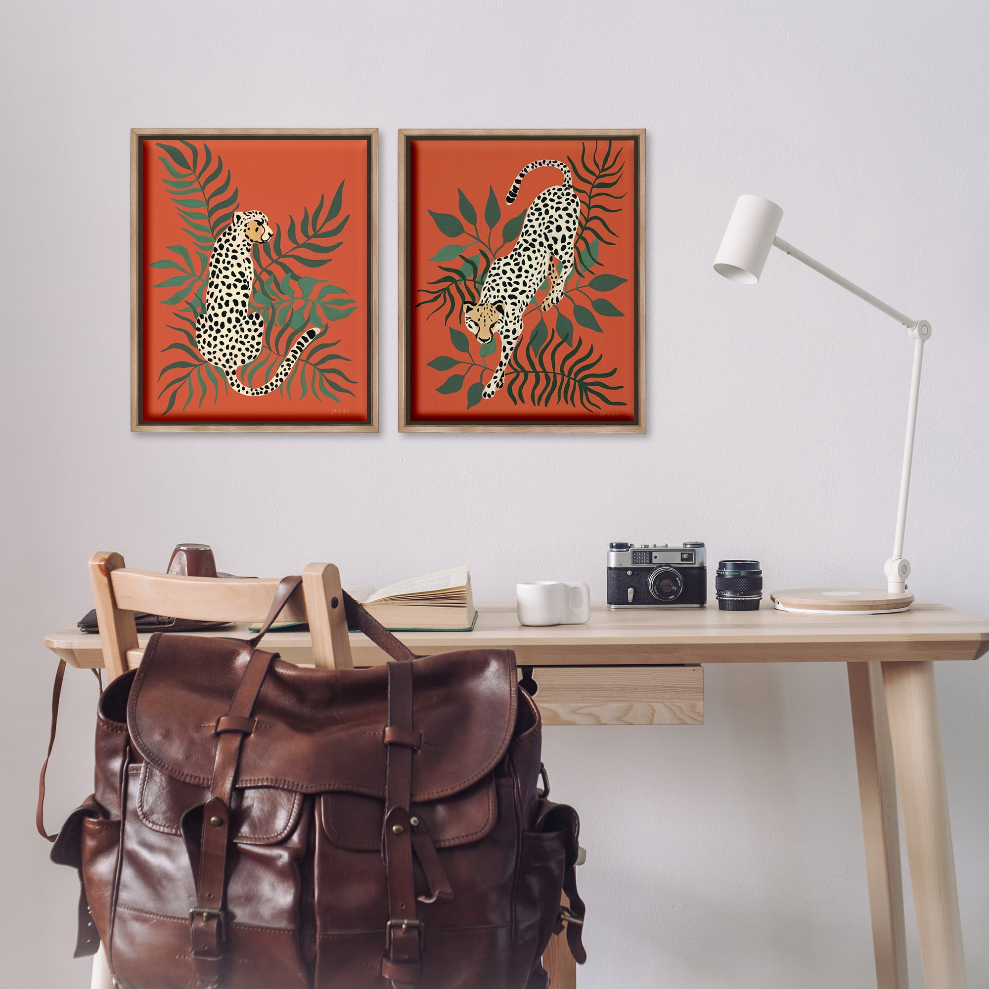 Stupell Industries Sitting Cheetah Prowling Jungle Animals Painting Brown Floater Framed Canvas Art Print Wall Art, 17 x 21, Set of 2