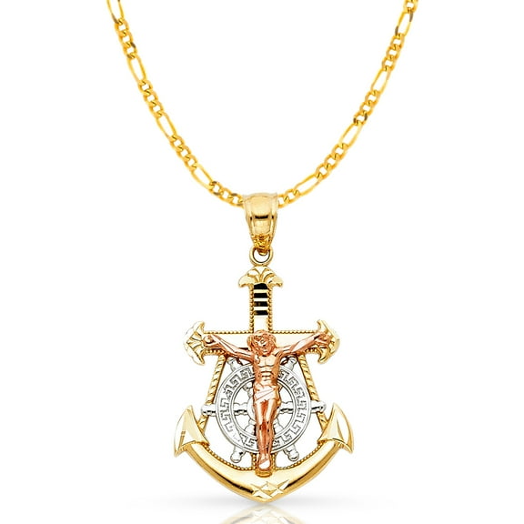 14K Tri Color Gold Jesus Crucifix Anchor Pendant with 1.9mm Figaro 3 1 Chain Chain Necklace