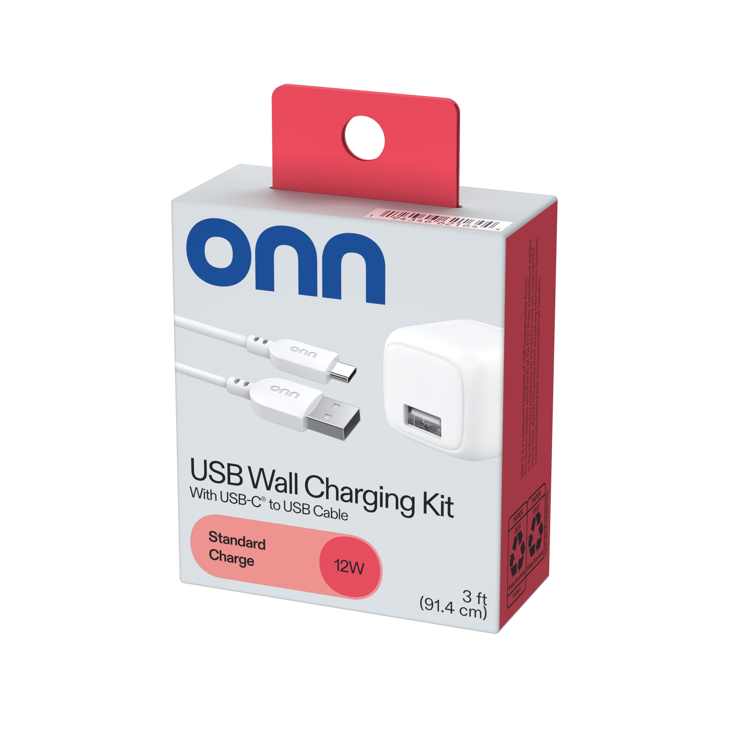 (5 pack) onn 12W Wall Charger with Single USB-A Port and 3ft USB-C Cable, Foldable Plug, White