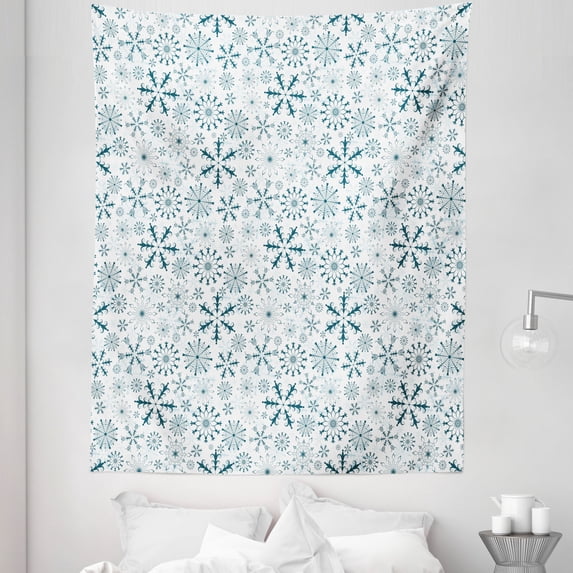 Winter Tapestry, Merry Xmas Theme Delicate Snowflakes Cold Freezing Weather Vintage Holiday Pattern, Fabric Wall Hanging Decor for Bedroom Living Room Dorm, 5 Sizes, Teal White, by Ambesonne