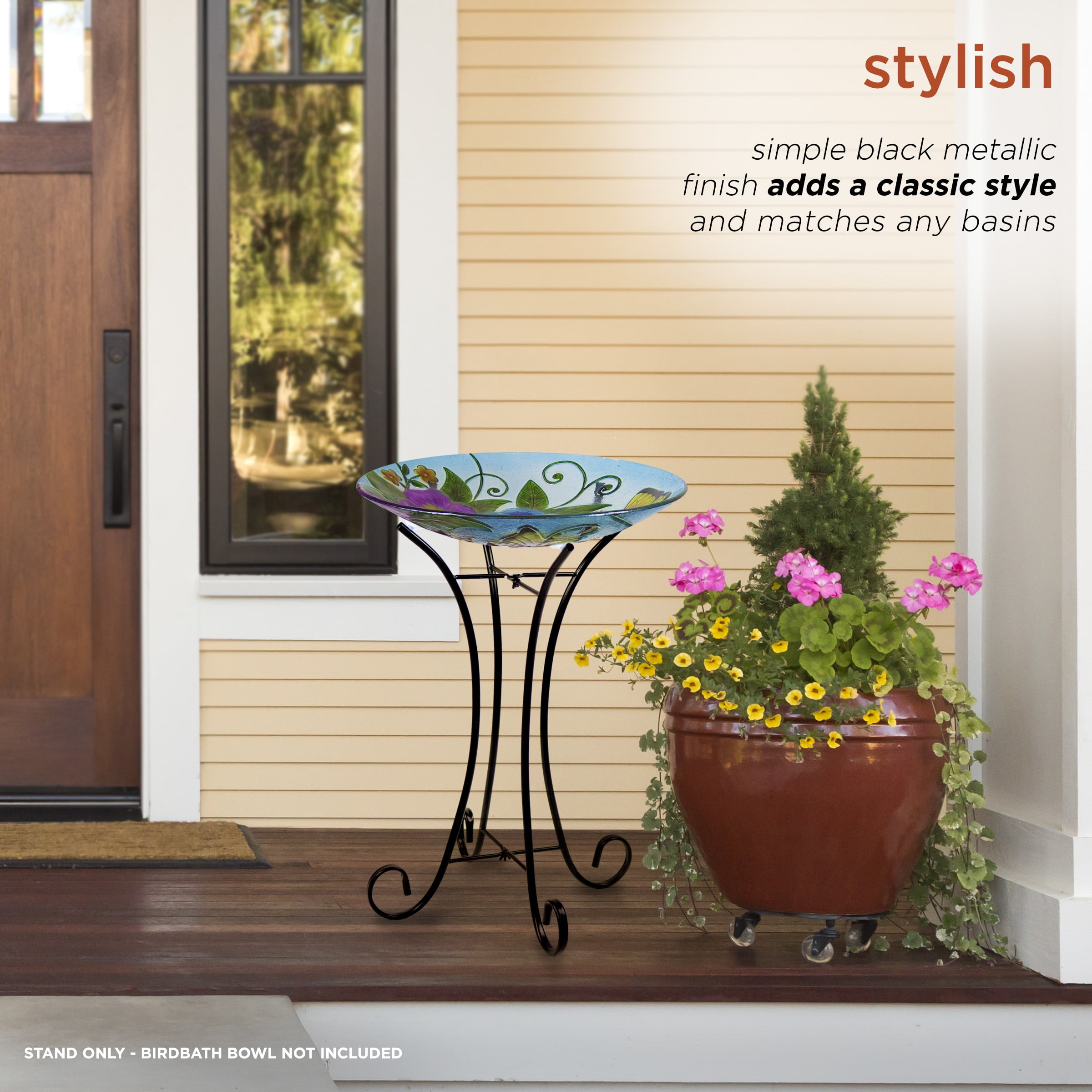 Alpine Corporation 25-Inch Foldable Metal Outdoor Bird Bath Stand, Black