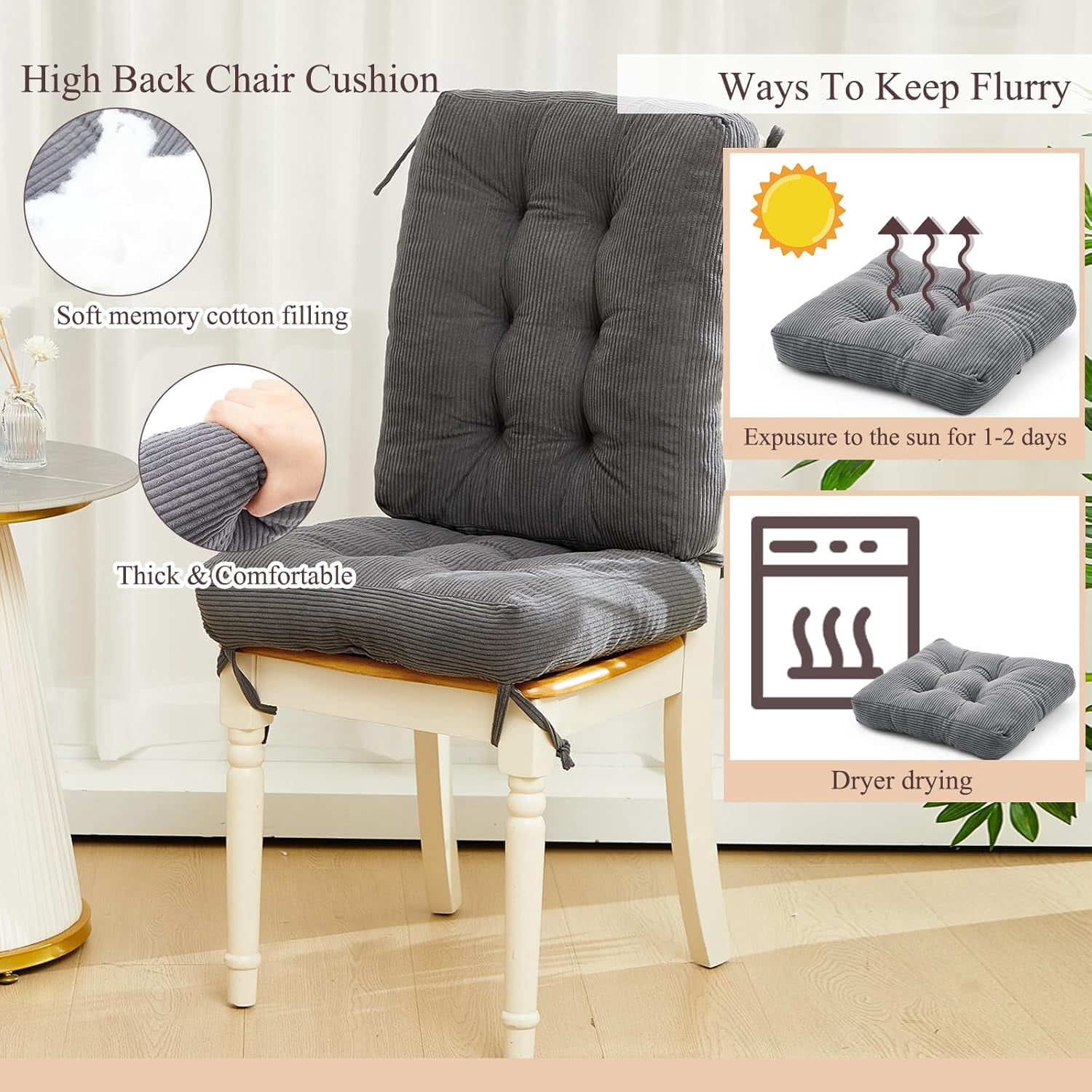 4 Set Outdoor Patio Chair Cushions Corduroy Seat High Back Tufted Pillow Replacement Rocking Patio Chair Pads for Outdoor Indoor Home Office(Dark Gray)
