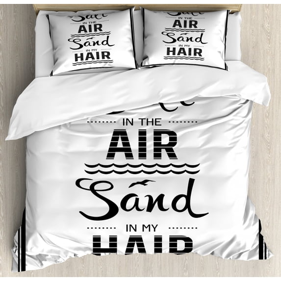 Saying Duvet Cover Set King Size, Salt in the Air Salt in My Hair Summer Motivational Text with Doodled Beach Waves, Decorative 3 Piece Bedding Set with 2 Pillow Shams, Black White, by Ambesonne