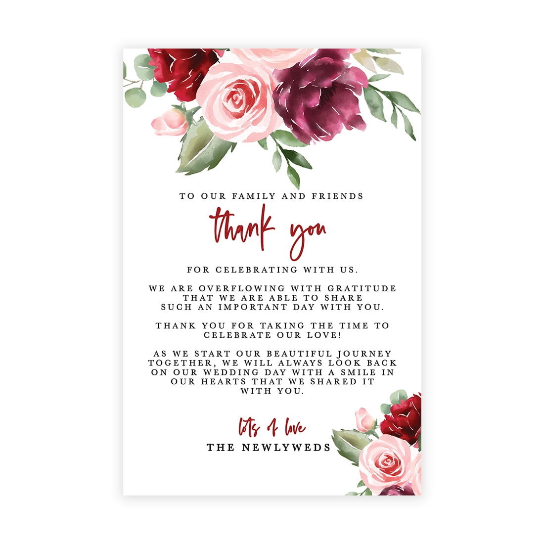 Andaz Press Blush and Burgundy Floral Wedding Thank You Place Setting Cards for Table Reception, 56-Pack