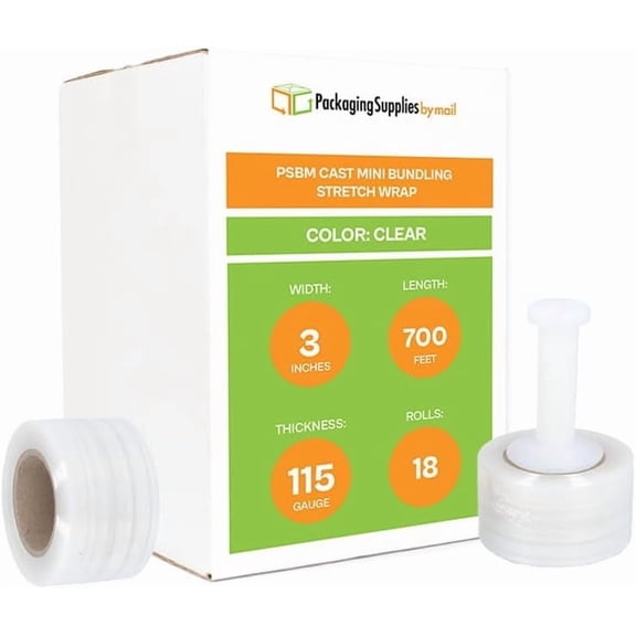 PSBM Cast Mini Hand Stretch Wrap 3" x 700' 18 Rolls 90 Gauge Clear Shrink Film for Packing 1 Free Plastic Dispenser Handle Per Case