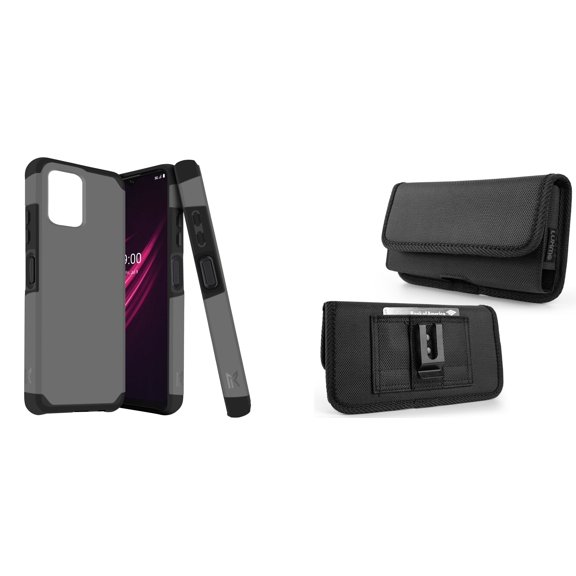 Case and Pouch Bundle for REVVL 6 5G: Dual Layer Slim Case (Grey) and Horizontal Rugged Nylon Belt Holster