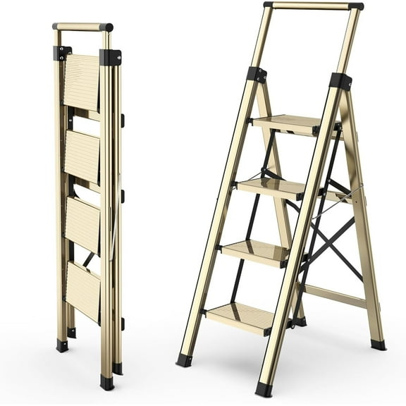 LYYHTY Golden 4-step folding aluminum alloy ladder for household use, lightweight and wide step climbing ladder, multifunctional folding ladder for changing lights, retrieving items, and storage