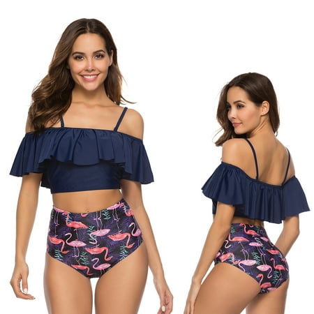 2019 Women Swimwear Two Piece Swimsuit Set Off Shoulder Ruffled Flounce Crop Bikini Top with Flamingo Print Cut Out