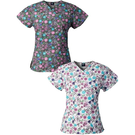 Medgear 2-PACK Womens Printed Scrub Tops with 4 Pockets & ID Loop