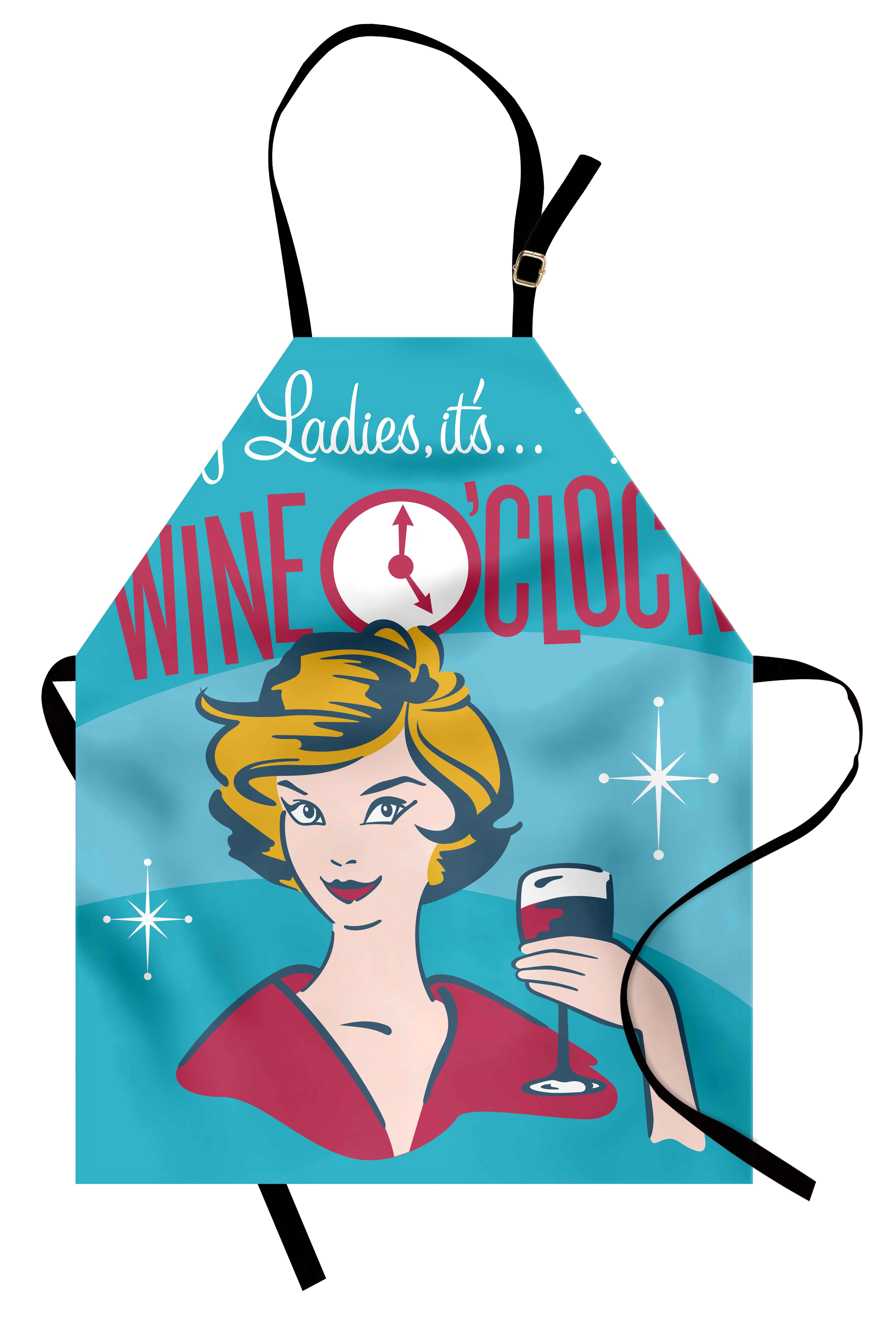 Wine Apron Ladies It's Wine O'Clock Pretty Woman Drinking Portrait Cheers Retro Design, Unisex Kitchen Bib Apron with... by 3decor llc