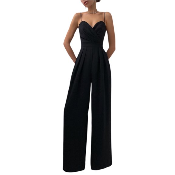 KOMOO Plus Size Women Wide Leg Jumpsuit Pleated High Waist Sleeveless Romper Sling Loose Overalls
