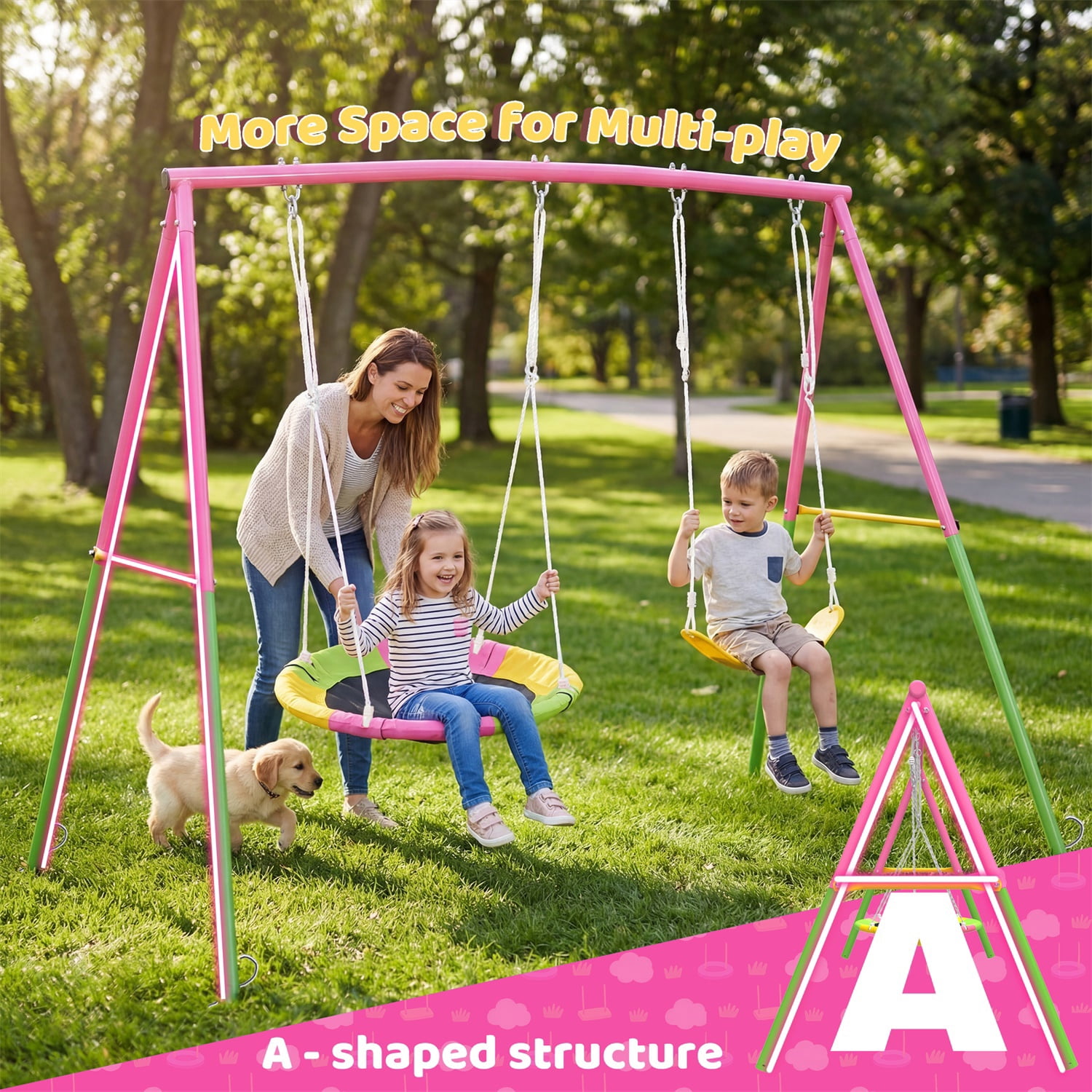Hommoo 2 Pcs Swing Set with Saucer Swing Seat & Belt Swings Seat, Swing Set with Heavy-Duty A-Frame Metal Outdoor Swing Stand, for Backyard, Pink