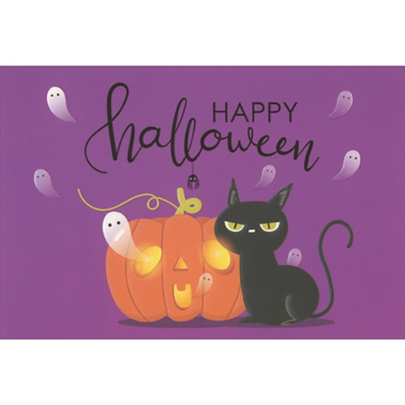 Pictura Embossed Black Cat, Jack-O-Lanturn and Ghosts on Purple Background Halloween Card