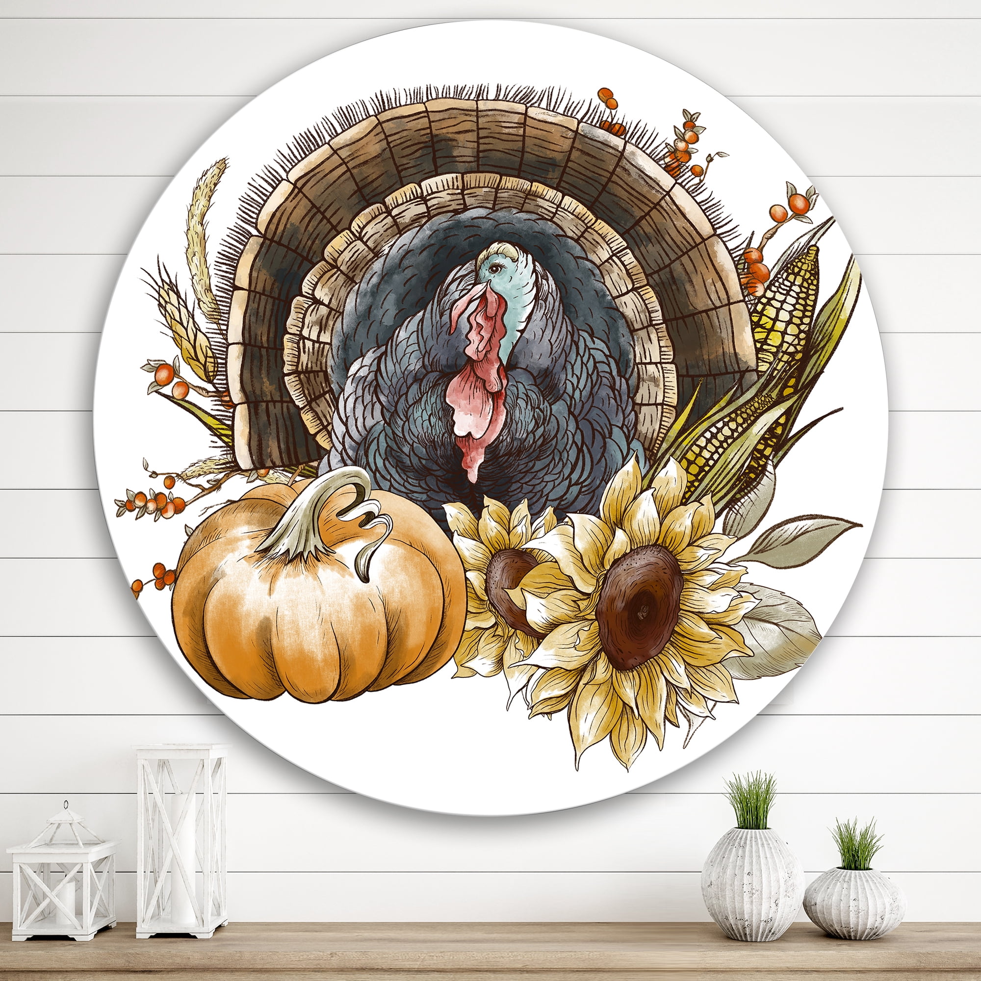 Designart 'Thanksgiving Vintage Turkey Pumpkin and Sunflowers ' Farmhouse Circle Metal Wall Art 36x36 - Disc of 36