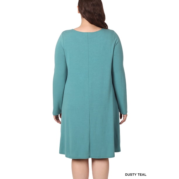 Zenana Women & Plus Long Sleeve Jersey Flared Swing T-Shirt Tunic Dress  with Side Pockets - Walmart Business Supplies