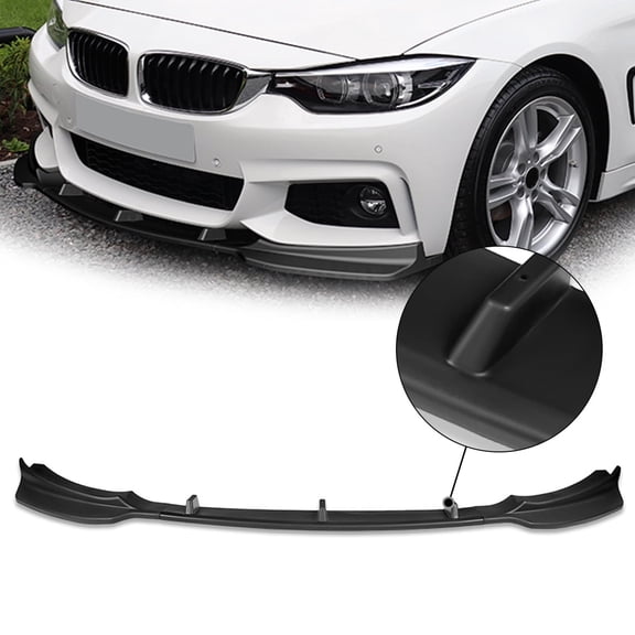 DNA Motoring 2-PU-694 For 2014-2019 BMW 4-Series Matte Black Finish 3Pcs Front Bumper Lips Guard Body Kit w/Vertical Stabilizers 15 16 17 18