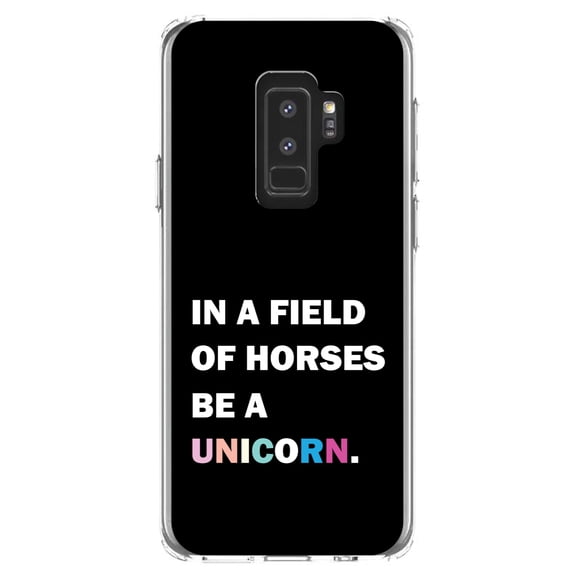 DistinctInk Clear Shockproof Hybrid Case for Samsung Galaxy S9  PLUS (6.2" Screen) - TPU Bumper, Acrylic Back, Tempered Glass Screen Protector - In a Field of Horses, Be a Unicorn - Rainbow