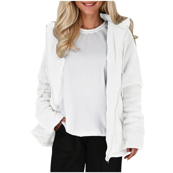 Lovskoo Fuzzy Fleece Winter Coats for Women Fashion Fleece Warm Hooded Long Sleeve Casual Outwear Warm Coat White