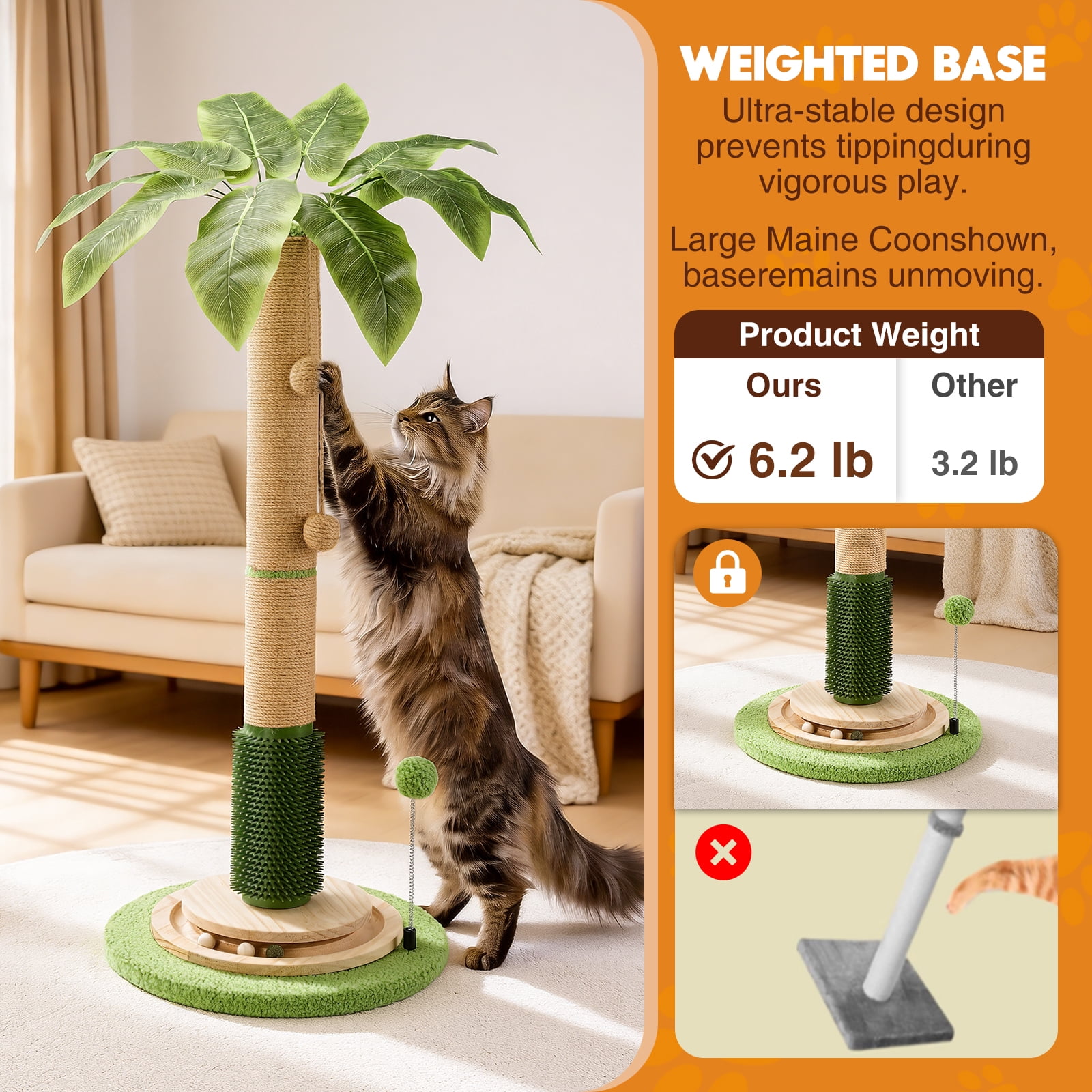 40'' Tall Cat Scratcher with Sisal Rope,Cat Scratching Posts for Indoor Cats with Interactive Ball,Self Groomer with Hanging Ball for for Kittens Adults Cats