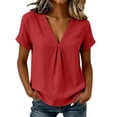 thumbnail image 2 of ClodeEU Women's V Neck Pleated Front Short Sleeve Linen Blend Blouse,Casual Loose Fit Summer Top Red,Women's Plus L, 2 of 8