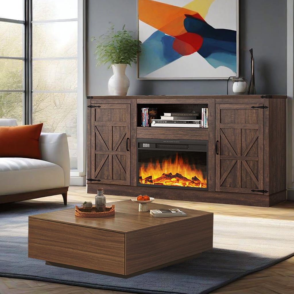 Blotout Farmhouse Fireplace TV Stand for TVs up to up 75" TVs, 66" Entertainment Center with with 26" Electric Fireplace & Adjustable Shelves for Living Room Bedroom